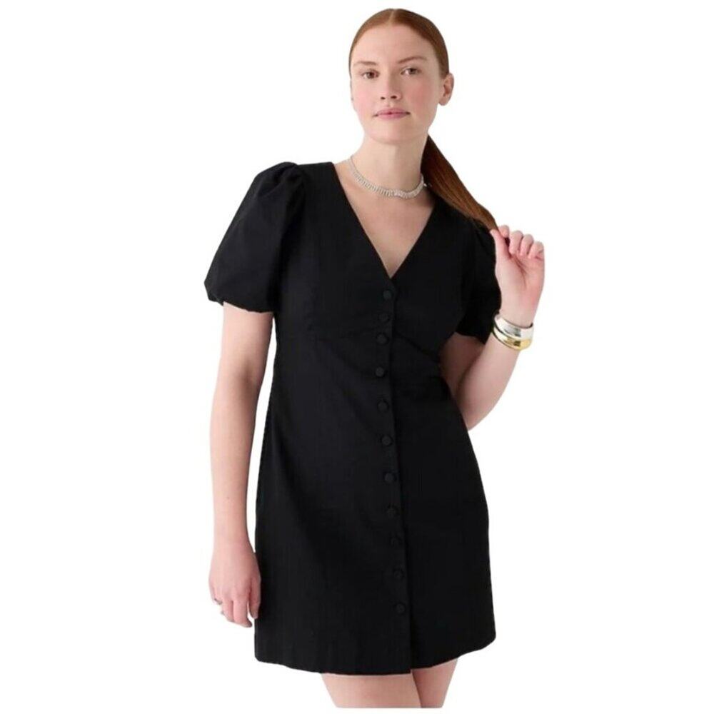 NWT J.Crew Button Front Puff‎ Sleeve Mini Dress Black Size 4